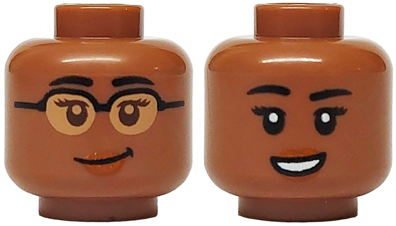 Minifigure, Head Dual Sided Female Black Eyebrows, Dark Brown Eyes and Eyelashes, Nougat Glasses, Dark Orange Lips, Lopsided Grin / Black Eyelashes, Open Mouth Smile with Teeth, No Glasses Pattern