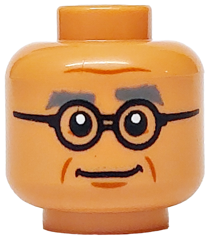 Minifigure, Head Dark Bluish Gray Thick Eyebrows, Black Round Glasses, Dark Orange Wrinkle, Cheek Lines and Chin Dimple, Closed Mouth Smile Pattern