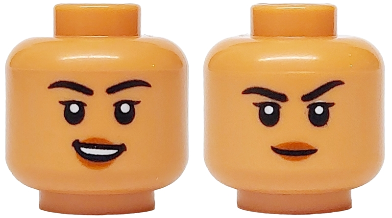 Minifigure, Head Dual Sided Female Black Eyebrows and Eyelashes, Dark Orange Lips, Open Mouth Smile / Frown, Raised Left Eyebrow Pattern