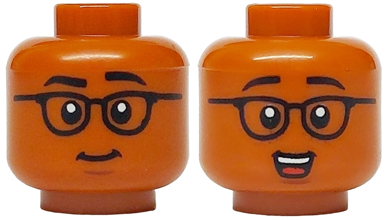 Minifigure, Head Dual Sided Black Eyebrows and Glasses, Reddish Brown Chin Dimple, Closed Mouth Smile / Open Mouth Grin with Teeth and Red Tongue Pattern