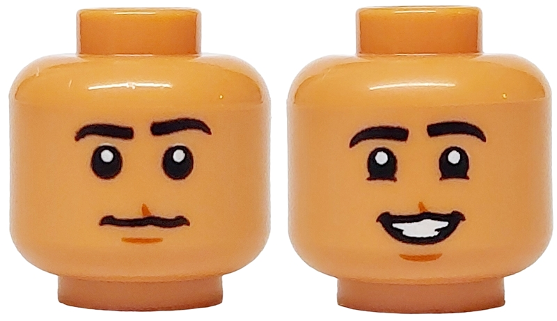 Minifigure, Head Dual Sided Black Eyebrows, Medium Nougat Chin Dimple and Cleft Lip, Neutral / Open Mouth Smile with Teeth Pattern