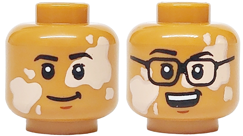 Minifigure, Head Dual Sided Black Eyebrows, Light Nougat Vitiligo, No Glasses, Grin / Black Glasses, Open Mouth Grin with Teeth Pattern