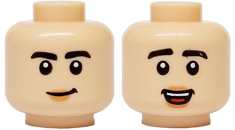 Minifigure, Head Dual Sided Black Eyebrows, Nougat Lips, Grin / Raised Eyebrows, Open Mouth Smile with Teeth and Red Tongue Pattern
