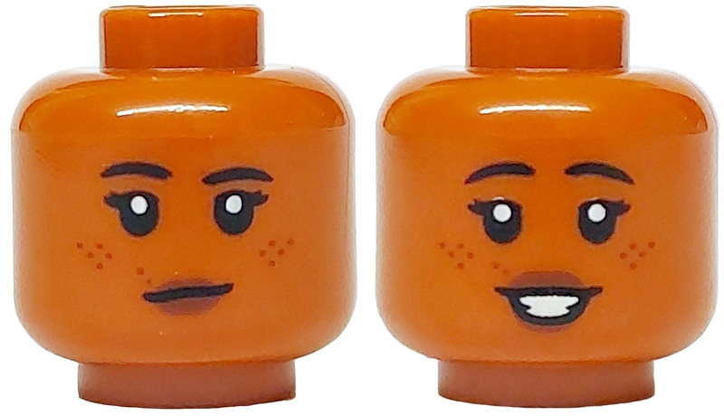 Minifigure, Head Dual Sided Female Black Eyebrows and Eyelashes, Reddish Brown Freckles, Dark Brown Lips, Neutral / Open Mouth Smile with Teeth Pattern