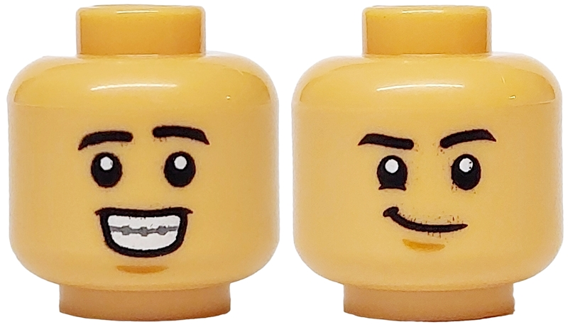 Minifigure, Head Dual Sided Black Eyebrows, Open Mouth Grin with Teeth and Braces / Smirk Pattern