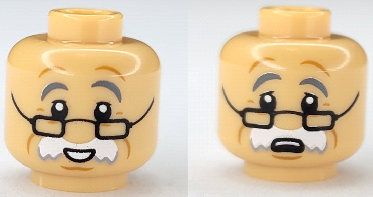 Minifigure, Head Dual Sided Dark Bluish Gray Eyebrows, Black Glasses, White Moustache, Medium Nougat Wrinkles, Open Mouth Smile / Scared Pattern