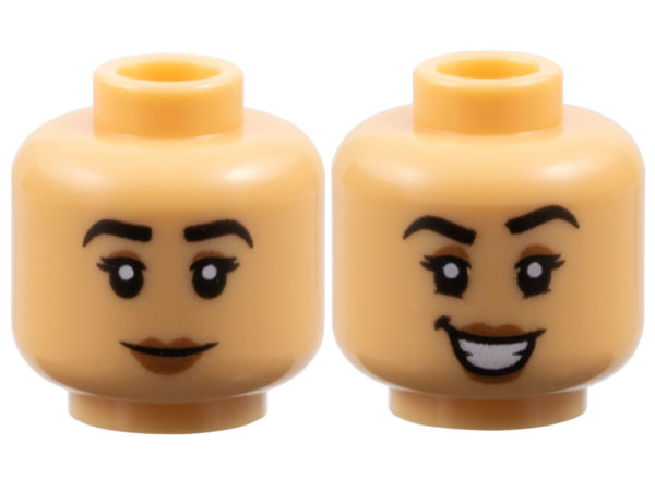 Minifigure, Head Dual Sided Female Black Eyebrows and Eyelashes, Medium Brown Eye Shadow and Lips, Grin / Open Mouth Smile with Teeth Pattern