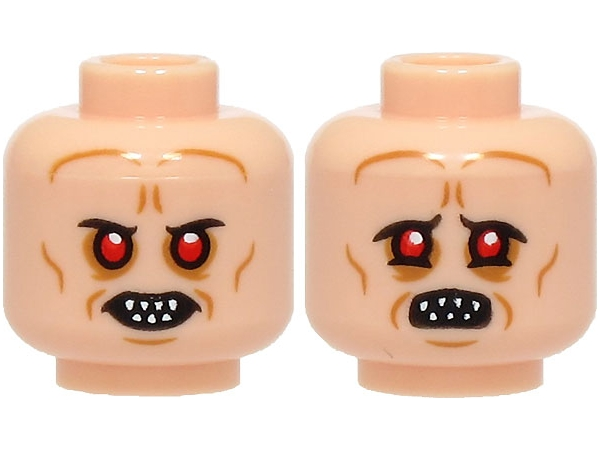 Minifigure, Head Dual Sided Alien with Red Eyes, Bared Pointed Teeth, Medium Nougat Wrinkles, Neutral / Frown with Wide Open Mouth Pattern