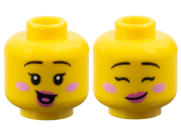 Minifigure, Head Dual Sided Female Black Thin Eyebrows, Single Eyelashes, Bright Pink Cheeks, Dark Pink Lips, Open Mouth Smile with Tongue / Lopsided Grin with Eyes Closed Pattern
