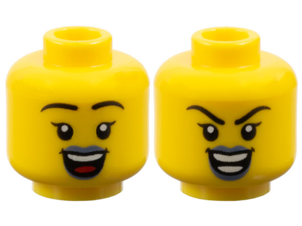 Minifigure, Head Dual Sided Female Black Eyebrows, Single Eyelashes, Sand Blue Lips, Open Mouth Smile, Happy with Top Teeth and Red Tongue / Evil with Teeth Parted Pattern