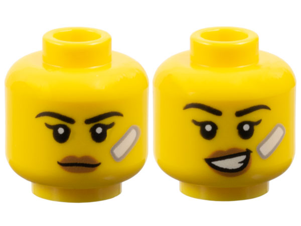 Minifigure, Head Dual Sided Female Black Eyebrows, Single Eyelashes, Medium Nougat Lips, White Bandage, Neutral / Lopsided Open Mouth Smile with Teeth Pattern