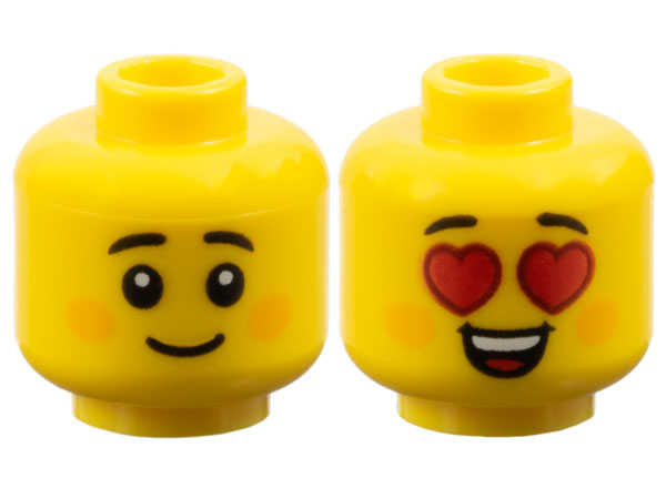 Minifigure, Head Dual Sided Child Black Small Eyebrows, Bright Light Orange Circles on Cheeks, Grin / Red Heart Eyes and Open Mouth Smile with Top Teeth and Tongue Pattern