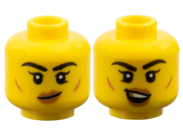 Minifigure, Head Dual Sided Female Black Thick Eyebrows, Single Eyelashes, Lower Eyelid, Medium Nougat Small Cheek Lines and Lips, Lopsided Grin / Open Mouth Smile with Top Teeth and Gold Tooth Pattern