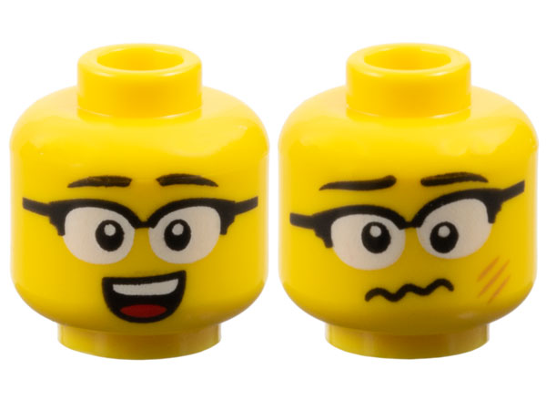 Minifigure, Head Dual Sided Black Eyebrows, Glasses with White Lenses, Open Mouth Smile with Top Teeth and Red Tongue / Dizzy with Medium Nougat Scratches Pattern