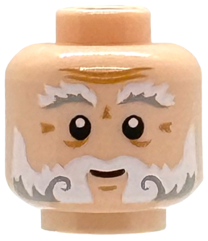 Minifigure, Head White and Light Bluish Gray Bushy Eyebrows, Moustache and Beard, Medium Nougat Wrinkles, Chin Dimple and Forehead Creases, Grin Pattern