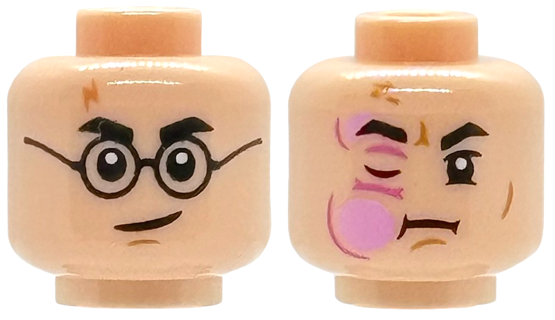 Minifigure, Head Dual Sided Black Eyebrows, Nougat Lightning Scar, Medium Nougat Chin Dimple, Smirk and Round Glasses / Bright Pink HP Stinging Jinx Cheek Swelling with Dark Pink Wrinkles, Closed Right Eye Pattern