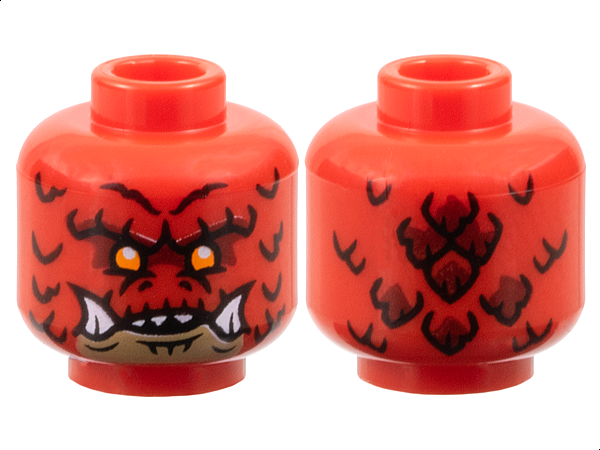Minifigure, Head Alien Dragon with Orange Eyes, Dark Red Eye Shadow, Dark Tan Chin, Scales, Nostrils, Pronounced Brow, Open Mouth with Sharp Top Teeth and Bottom Fangs Pattern