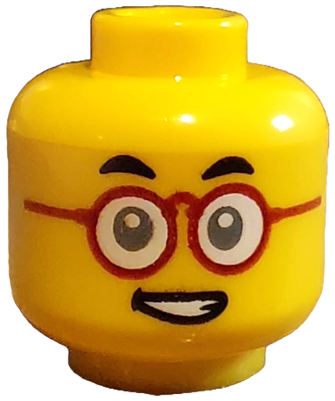 Minifigure, Head Small Black Eyebrows, Round Glasses with Dark Red Frames and White Lenses, Open Mouth Smile with Teeth Pattern