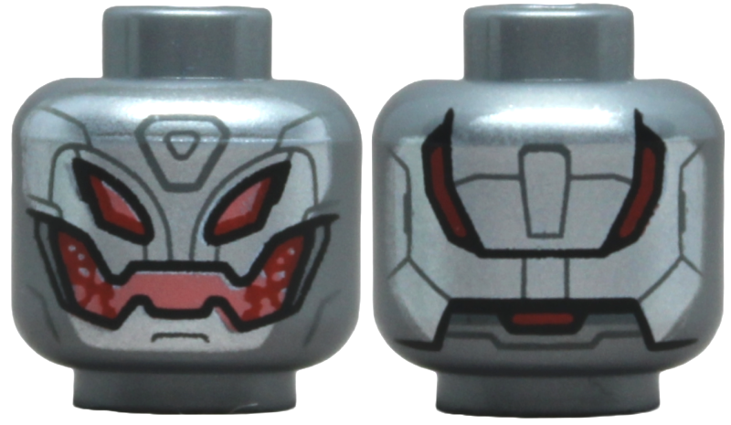 Minifigure, Head Alien Robot with Silver Face with Dark Bluish Gray Lines, Coral and Red Eyes and Mouth, Armor Panels on Back Pattern
