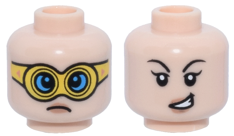 Minifigure, Head Dual Sided Female Black Thin Eyebrows, Single Eyelashes, Nougat Lips, Frown and Yellow Goggles with Dark Azure Lenses / Lopsided Open Mouth Smile with Teeth Pattern