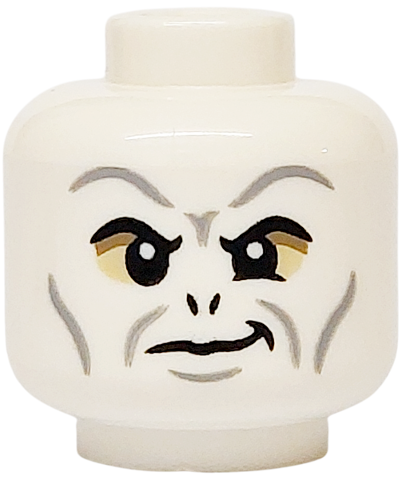 Minifigure, Head Alien with HP Voldemort Black Eyebrows and Nostrils, Light Bluish Gray Wrinkles, Dark Tan and Tan Eye Shadow, Smirk Pattern