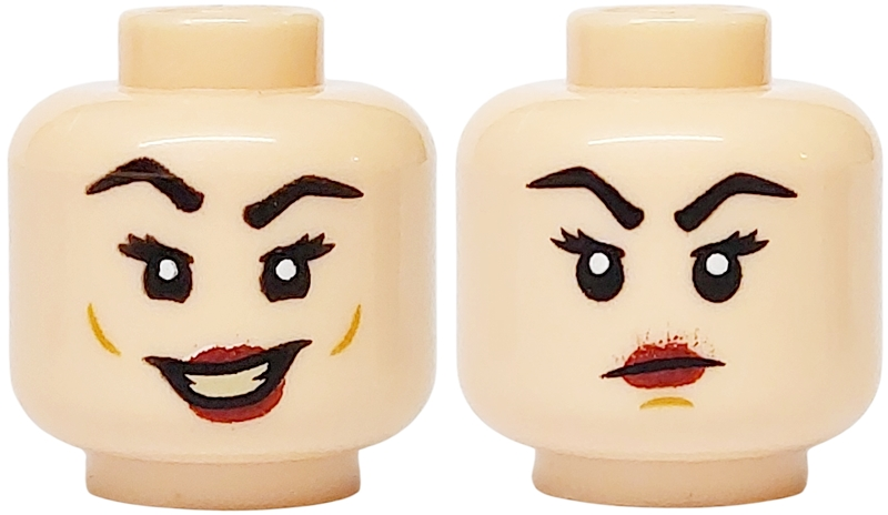 Minifigure, Head Dual Sided Female Black Eyebrows and Eyelashes, Dark Red Lips, Medium Nougat Cheek Dimples and Lopsided Open Mouth Smile with Teeth / Chin Dimple and Frown Pattern