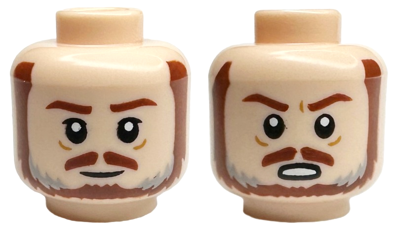 Minifigure, Head Dual Sided Reddish Brown Eyebrows, Moustache and Beard with Light Bluish Gray Highlights, Grin / Angry Open Mouth with Teeth Pattern