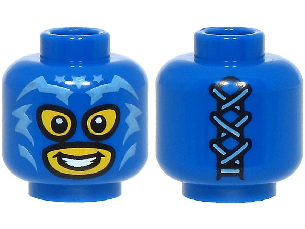 Minifigure, Head Balaclava with Eye and Mouth Holes, Medium Blue Lightning Bolts and Stars, Yellow Face, Open Mouth Smile with Teeth, Laces on Back Pattern (BAM)