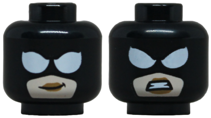 Minifigure, Head Dual Sided Female Balaclava with Large White Eyes over Light Nougat Face with Medium Nougat Lips, Lopsided Grin / Angry Bared Teeth Pattern