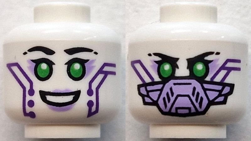 Minifigure, Head Dual Sided Alien Female Robot with Black Eyebrows, Single Eyelashes, Bright Green Eyes, Lavender Eye Shadow and Lips, Dark Purple Circuitry, Open Mouth Smile / Face Mask Pattern