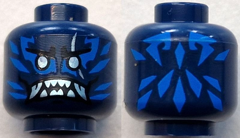 Minifigure, Head Alien with Black Eyebrows, Metallic Light Blue Eyes and Scar, Blue Markings, Angry Open Mouth with Fangs and Sharp Teeth Parted Pattern