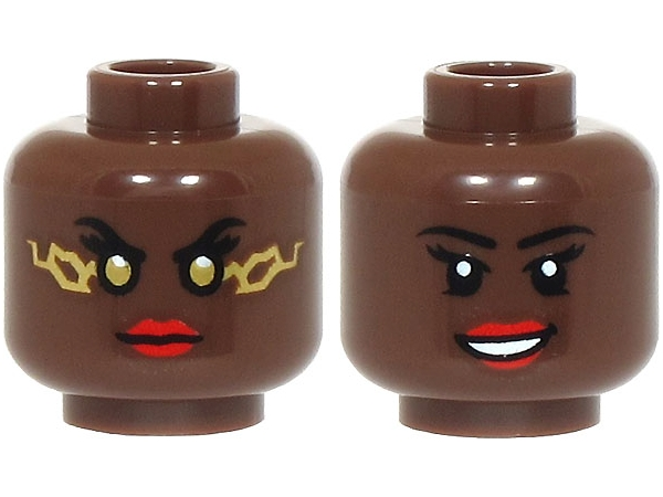 Minifigure, Head Dual Sided Female Black Eyebrows, Double Eyelashes, Red Lips, Stern with Gold Eyes and Energy / Open Mouth Smile with Teeth, Lower Eyelids Pattern