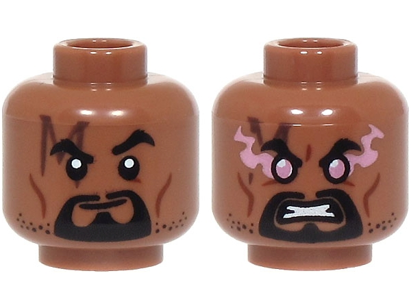 Minifigure, Head Dual Sided Black Bushy Eyebrows, Trimmed Moustache, Goatee Beard and Stubble, Dark Brown Capital Letter M Scar, Reddish Brown Cheek Lines, Stern Lopsided Grin / Angry Bared Teeth, Metallic Pink Eyes and Energy Pattern