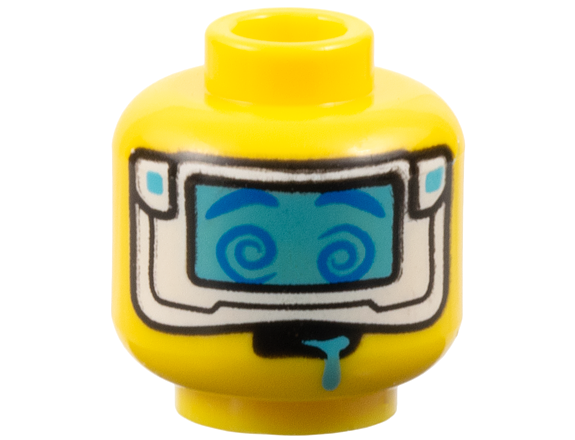 Minifigure, Head Blue Eyebrows and Spiral Eyes, White Mask with Medium Azure Visor, Open Mouth with Drool Pattern