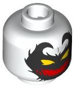 Minifigure, Head Alien with Black Face with Tendrils, Yellow Eyes, Wide Red Open Mouth Smile with Sharp Teeth Pattern