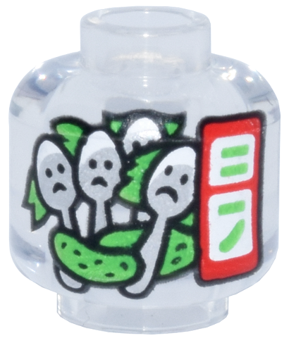 Minifigure, Head without Face with Red and White Label, Bright Green Pickles and Silver Spoons with Frowning Faces Pattern (Lilo & Stitch Pickle Jar)