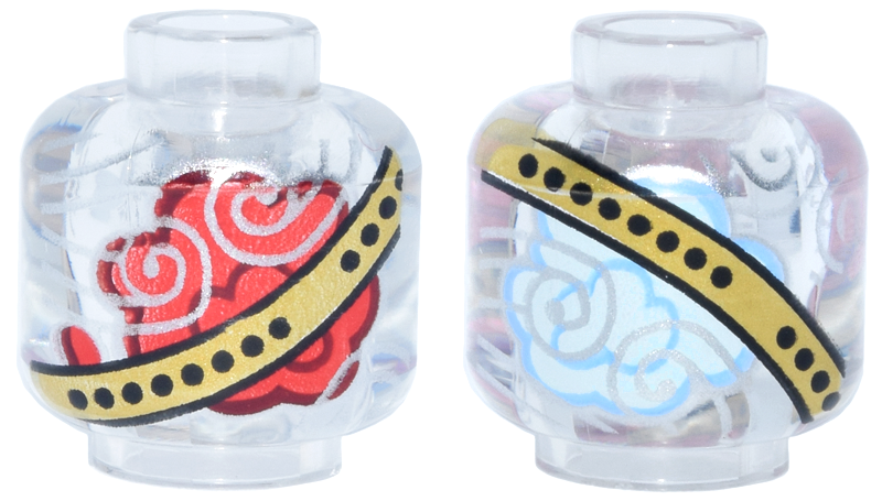 Minifigure, Head without Face with Gold Bands with Solid Black Dots, Silver Swirls, Red and Light Aqua Smoke on Opposite Sides Pattern (HP Remembrall)