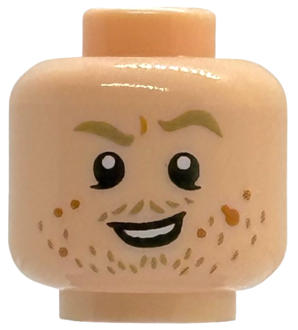 Minifigure, Head Dark Tan Eyebrows, Left Raised, Lower Eyelids, Beard Stubble, Medium Nougat Spots, Lopsided Open Mouth Smile with Teeth Pattern