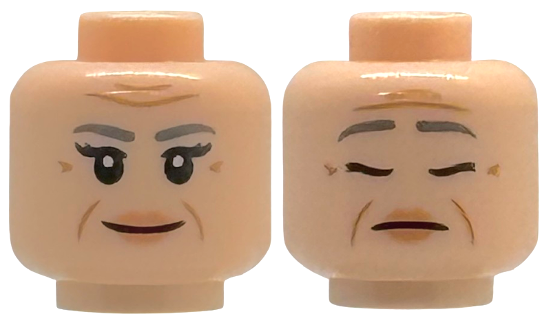 Minifigure, Head Dual Sided Female Dark Bluish Gray Eyebrows, Double Eyelashes, Medium Nougat Jowl Lines, Forehead Creases and Wrinkles, Nougat Lips, Grin / Sleeping with Closed Eyes Pattern