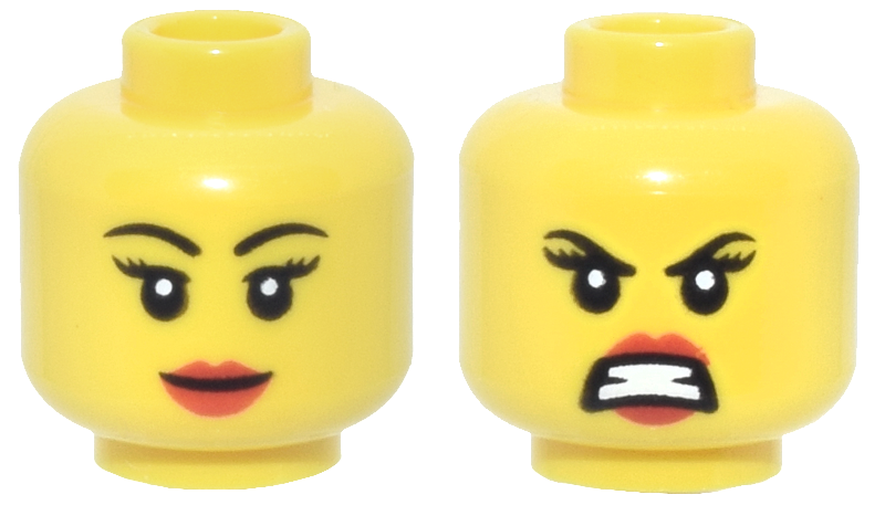 Minifigure, Head Dual Sided Female Black Thin Eyebrows and Long Eyelashes, Thick Red Lips, Grin / Angry Bared Teeth Pattern