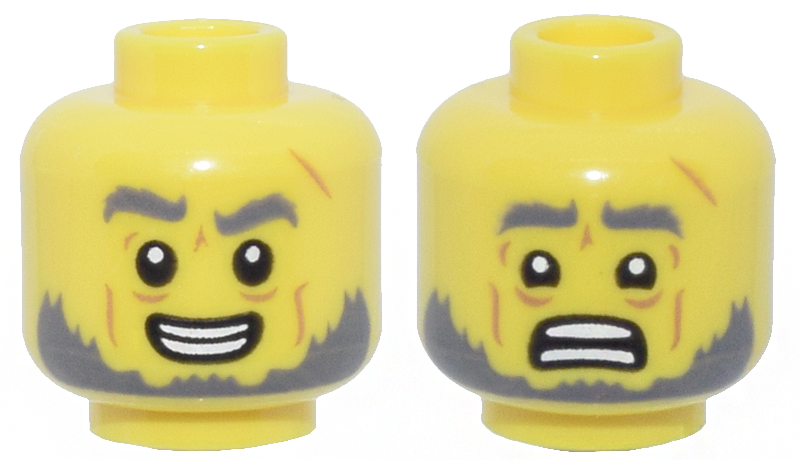 Minifigure, Head Dual Sided Dark Bluish Gray Bushy Eyebrows and Beard, Medium Nougat Cheek Lines, Wrinkles and Scar, Open Mouth Smile with Teeth Parted / Scared Pattern