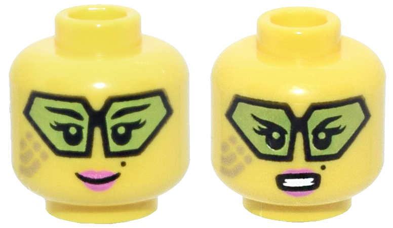 Minifigure, Head Dual Sided Female Black Eyebrows, Double Eyelashes, Geometric Glasses with Lime Lenses, Gold Face Paint, Beauty Mark, Dark Pink Lips, Grin / Open Mouth Scowl with Teeth Pattern
