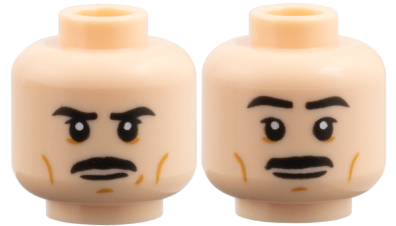 Minifigure, Head Dual Sided Black Eyebrows and Moustache, Upper Eyelids, Medium Nougat Cheek Lines, Chin Dimple and Wrinkles, Stern / Slight Grin Pattern
