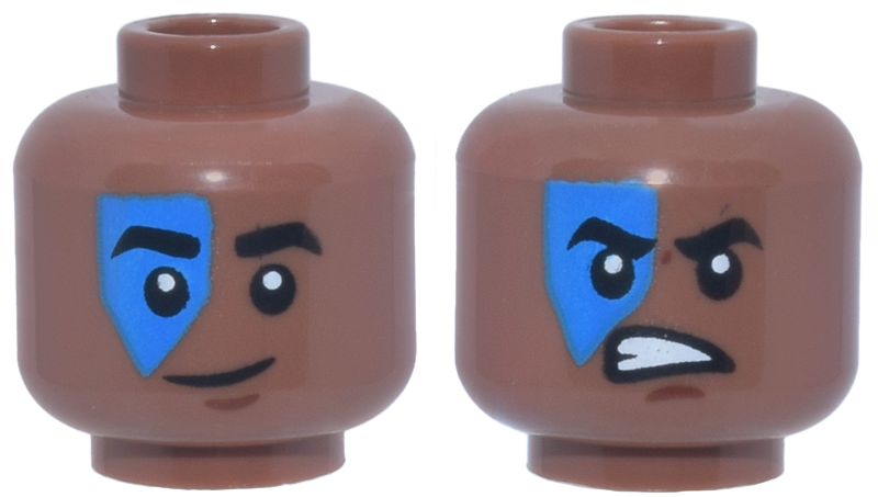 Minifigure, Head Dual Sided Thick Black Eyebrows, Blue Face Paint, Reddish Brown Chin Dimple, Lopsided Grin / Open Mouth Scowl with Teeth Pattern
