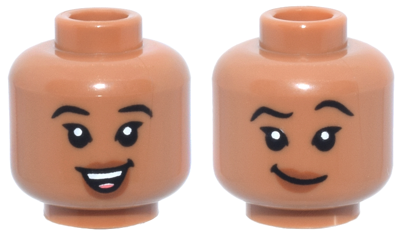 Minifigure, Head Dual Sided Child Female Black Eyebrows, Single Eyelashes, Dark Orange Lips, Open Mouth Smile with Top Teeth and Coral Tongue / Lopsided Grin and Raised Eyebrow Left Pattern