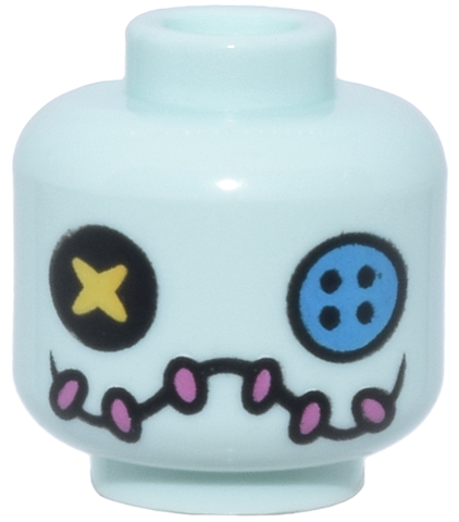Minifigure, Head Doll with Black Circle Patch with Yellow X Eye Right, Dark Azure Button Eye Left, Wavy Smile with Dark Pink Stitches Pattern