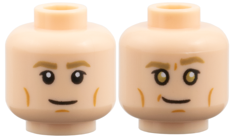 Minifigure, Head Dual Sided Dark Tan Eyebrows, Medium Nougat Cheek Lines, Chin Dimple, Slight Lopsided Grin / Gold Eyes and Raised Eyebrow Pattern