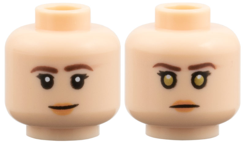 Minifigure, Head Dual Sided Female Dark Brown Thin Eyebrows, Black Double Eyelashes, Nougat Lips, Lopsided Grin / Stern with Gold Eyes Pattern
