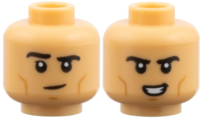Minifigure, Head Dual Sided Black Eyebrows, Medium Nougat Cheek Lines, Chin Dimple, Lopsided Grin / Crooked Open Mouth Smile with Teeth Pattern