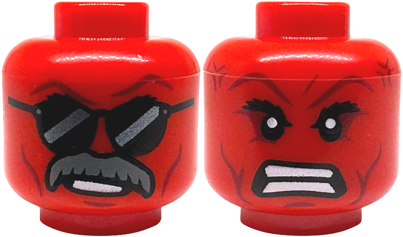 Minifigure, Head Dual Sided Alien with Black Bushy Eyebrows, Dark Red Cheek Lines, Chin Dimple and Forehead Creases, Lopsided Smile with Dark Bluish Gray Thick Moustache and Sunglasses with Dark Silver Reflections / Angry Open Mouth with Teeth Parted Pattern